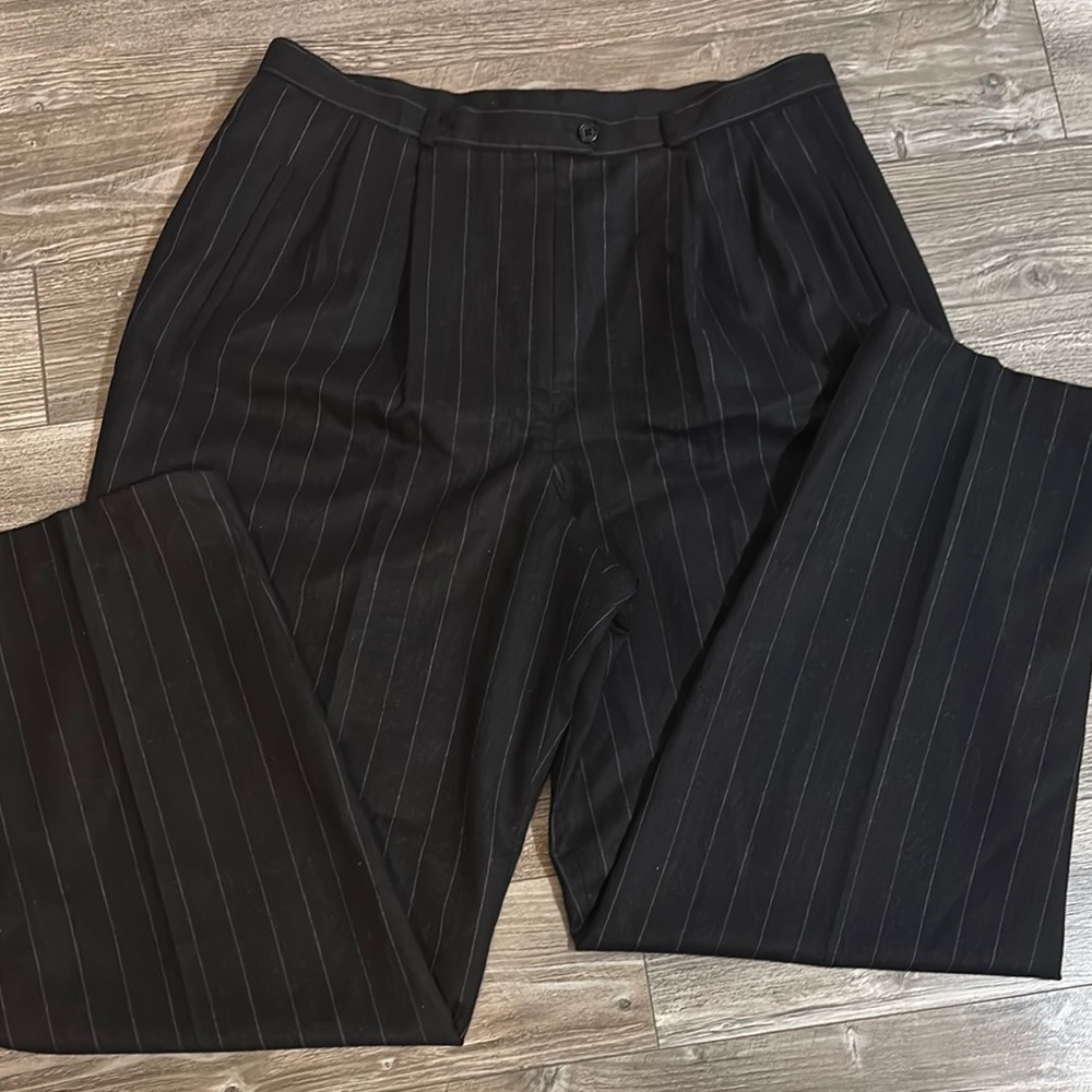 Ralph Lauren Black Pinstripe Dress Pants 100% Wool Size 14W Barrel Shape